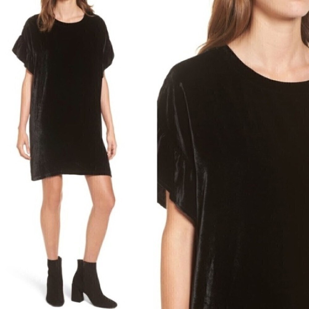 Current Elliott Dress 2 (M) Black Velvet Ruffle-Sleeve Knee Length Popov…